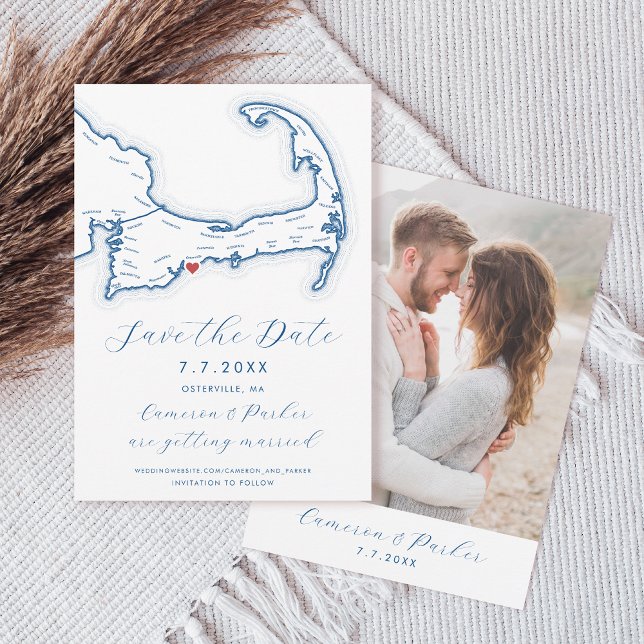 Carte du cap Osterville MA Marine Mariage bleu (Osterville MA Cape Cod Map Save the Date with Photo in Elegant Modern navy blue. Coastal Map Designs)