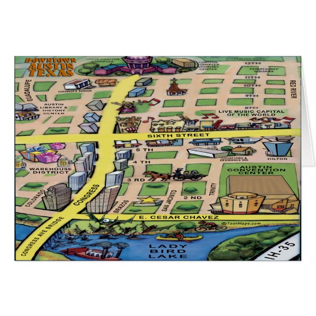 Carte du centre-ville d'Austin au Texas (Devant horizontal)