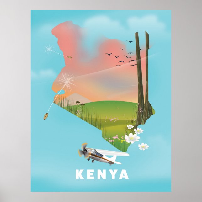Carte du Kenya Illustration affiche de voyage. (Devant)