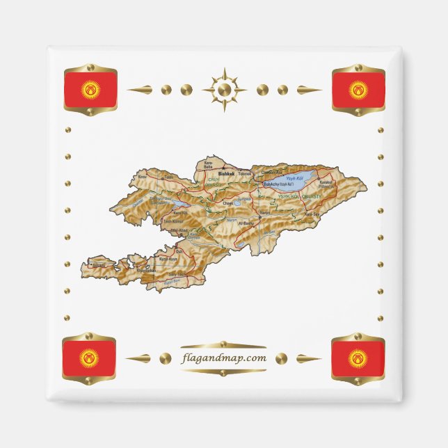 Carte du Kirghizistan + Magnet des drapeaux (Devant)