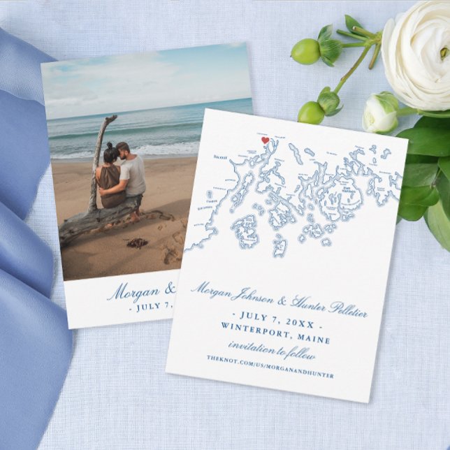 Carte du Maine d'hiver bleu marine (Winterport Maine Wedding Small Save the Date with Photo in elegant navy blue from Coastal Map Design)