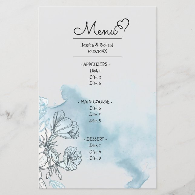 Carte du menu du dîner aquarelle (Devant)