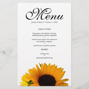 Carte du menu du dîner Mariage de tournesol