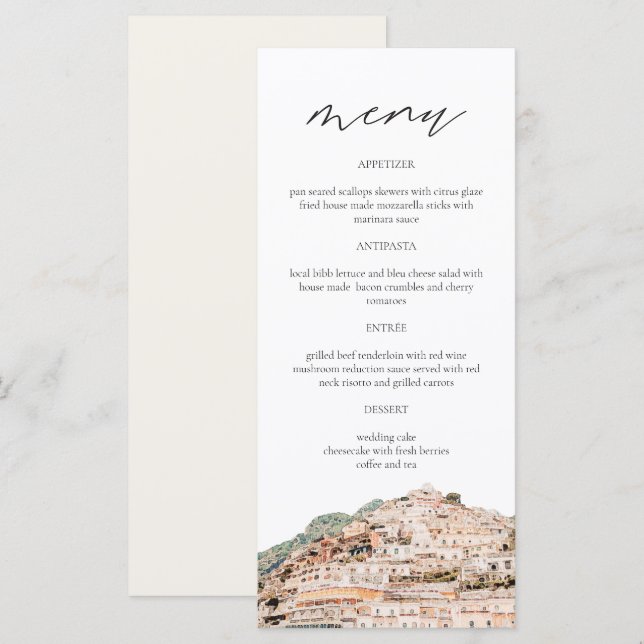 Carte du menu Mariage AMALFI CAST Watercolor (Devant / Derrière)