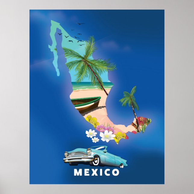 Carte du Mexique Illustration affiche de voyage. (Devant)