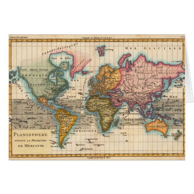 Carte du Monde 1780 Bonne Antique Planisphère  (Devant horizontal)