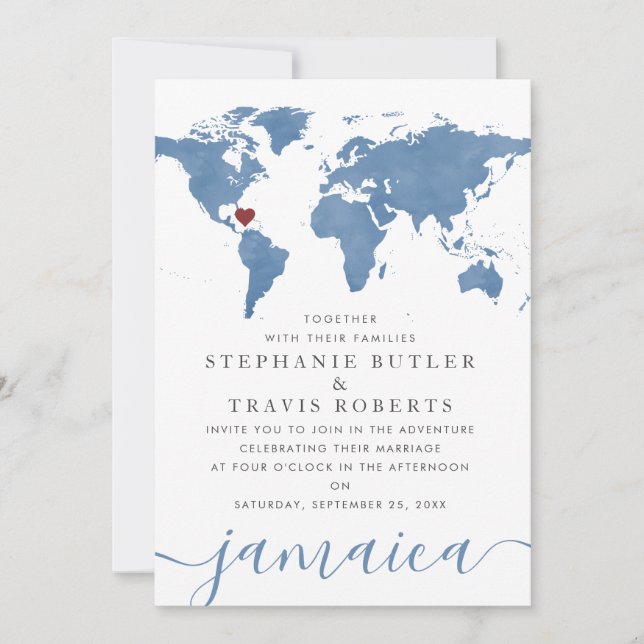 Carte du monde à l'aquarelle bleue Mariage de dest (Devant)