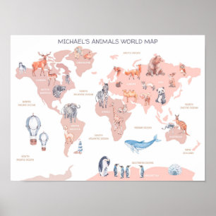 Carte du monde animal, art mural pour enfants