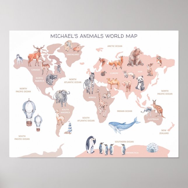 Carte du monde animal, décoration murale pour enfa (Devant)