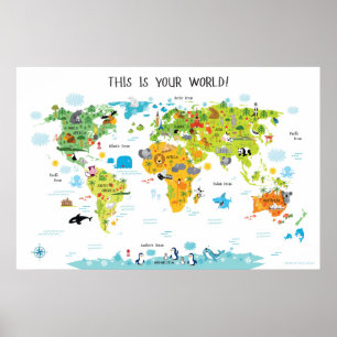 Carte du Monde Animalière pour Enfants Affiche Déc
