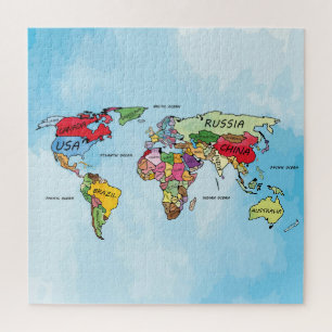 Carte du monde aquarelle illustration puzzle puzzl