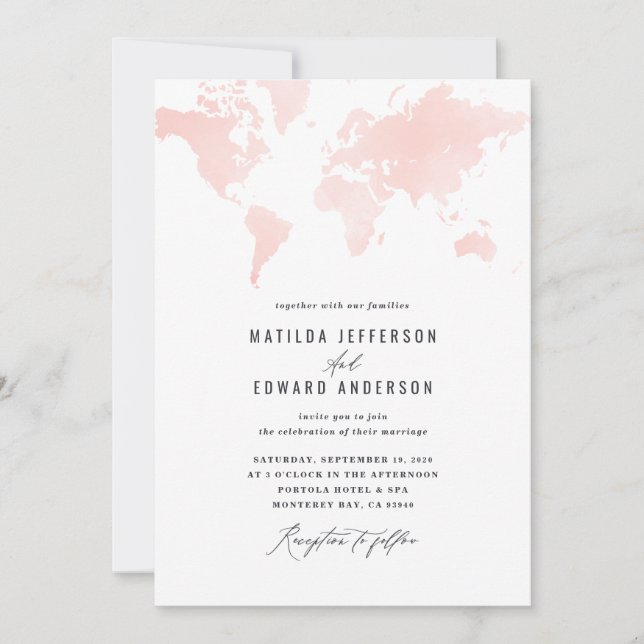 Carte du monde aquarelle rose mariage voyage (Devant)