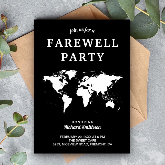 Carte du monde blanc noir Farewell Party Invitatio (Créateur téléchargé)