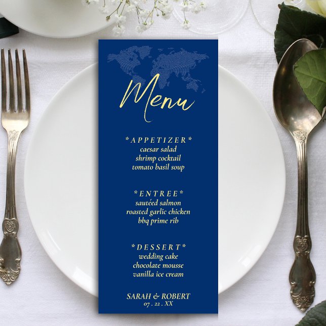 Carte du monde bleu Destination Mariage Réception (Blue World Map Destination Wedding Reception Menu)