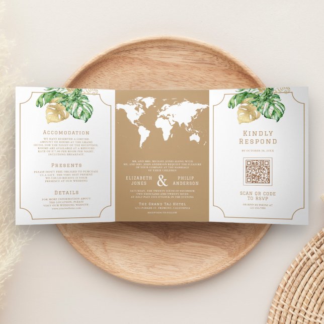 Carte du monde bronzée aux feuilles tropicales Tou (Créateur téléchargé)