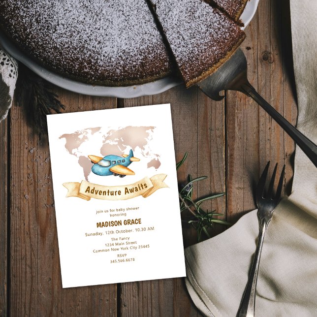 Carte du monde d'aventure moderne Baby shower avio (Modern Adventure World Map Airplane Baby Shower Invitation)