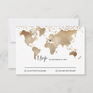 Carte du monde de destination de mariage or coeur 