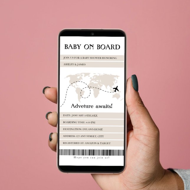 Carte du monde de la carte d'embarquement Baby sho (boarding pass baby shower invitation baby on board travel world map adventure begins)