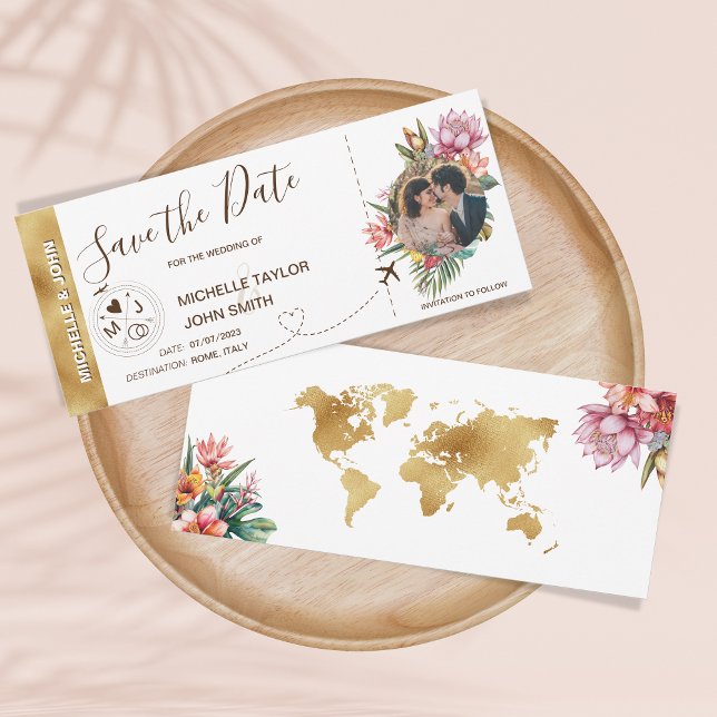 Carte du monde de la Passe-photo florale tropicale (Tropical Floral Save The Date boarding pass ticket invitation with a circle photo)