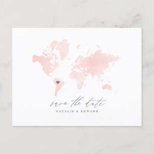 Carte du monde de l'aquarelle rose faire-part mari
