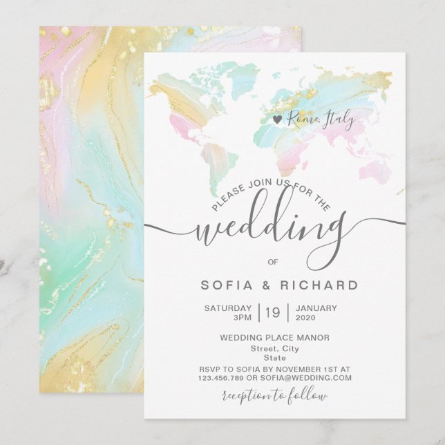 Carte du monde de mariage de destination pastel In (Devant / Derrière)