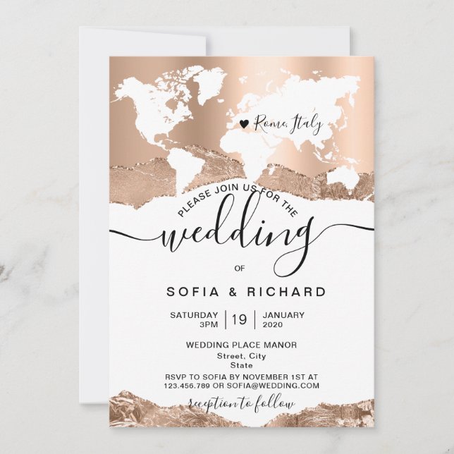 Carte du monde de mariage de destination Rose Gold (Devant)