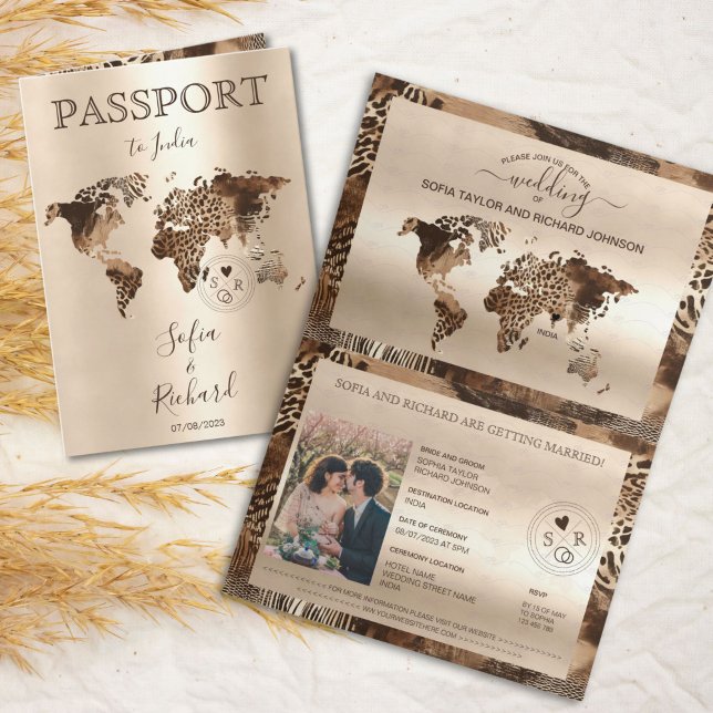 Carte du monde de mariage de safari boho léopard P (safari leopard world map passport wedding illustration)
