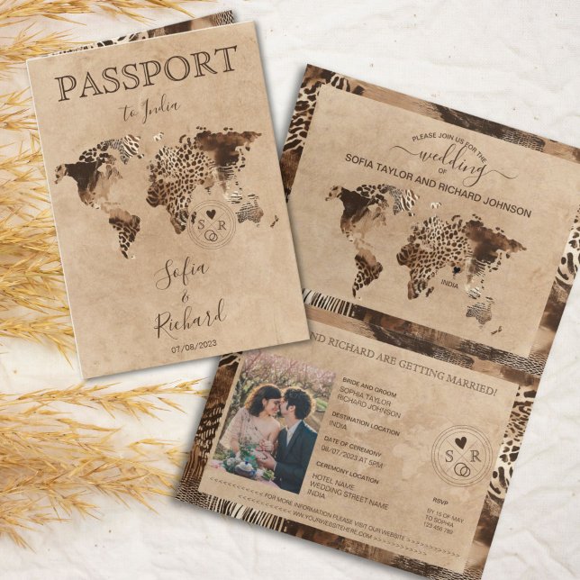 Carte du monde de passeport de mariage Boho Safari (safari leopard world map passport wedding illustration)