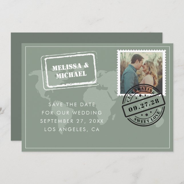 Carte du monde de Sage Green Photo de mariage de d (Devant / Derrière)