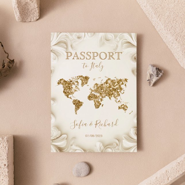Carte du monde du Passport Gold de destination Mar (beige and gold glitter passport wedding invitation)