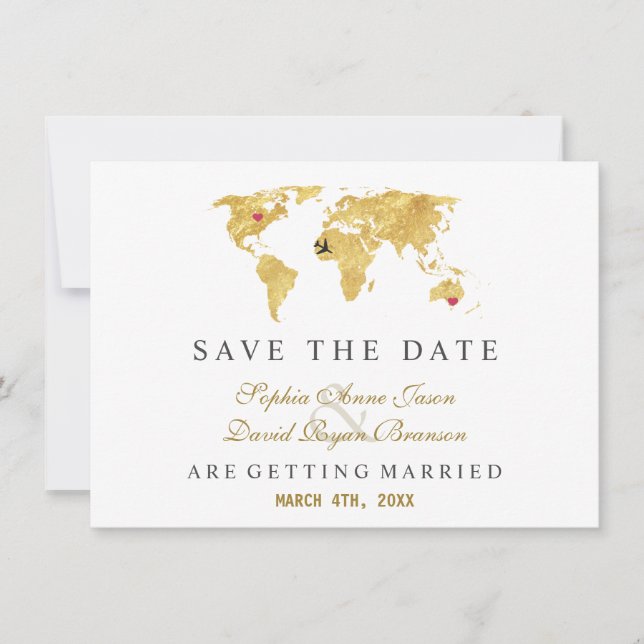 Carte du monde élégante destination or mariage (Devant)
