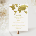 Carte du monde élégante en or Mariage personnalisé<br><div class="desc">Cartes de menu de dîner de mariage élégantes et vintage inspirées du voyage avec une bordure de carte du monde. Schéma de couleur or blanc et faux.</div>