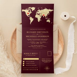 Carte du monde en or sur fond Bourgogne, invitatio