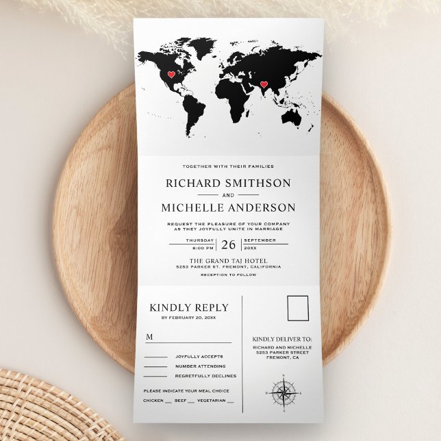 Carte du monde noir et blanc, invitation de mariag (Créateur téléchargé)