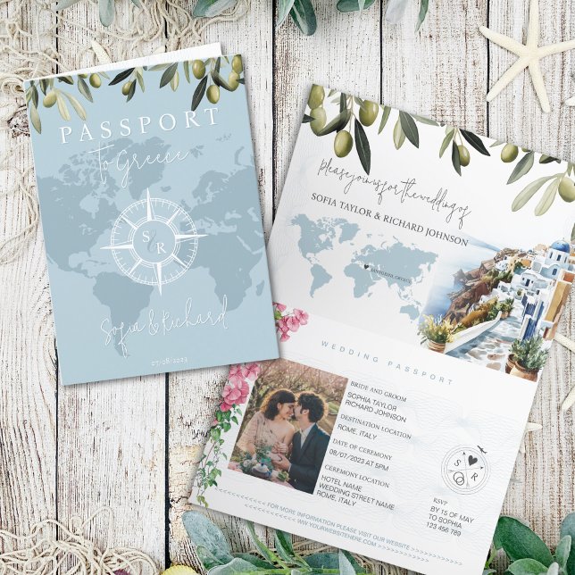 Carte du monde Passeport Mariage de la Grèce Bleue (greece passport wedding invitation with olive branches, bougenvilia and watercolor santorini illustr)
