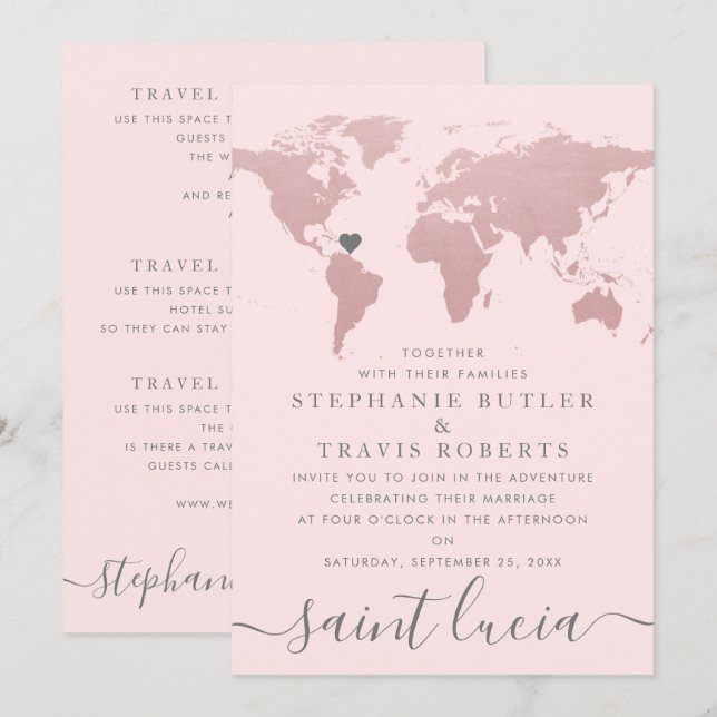 Carte du monde rose doré pour thème de mariage voy (Devant / Derrière)