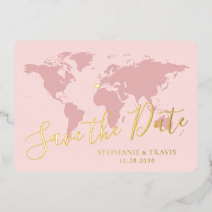 Carte du monde rose en feuille d'or Destination En