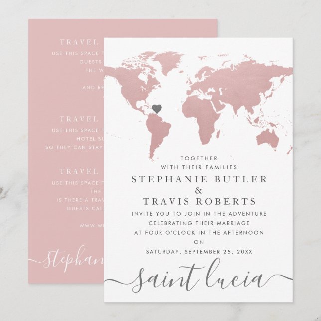 Carte du Monde Rose Fard Thème de Voyage Mariage (Devant / Derrière)