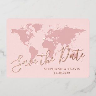 Carte du Monde Rose Gold Rose Enregistrer la Date