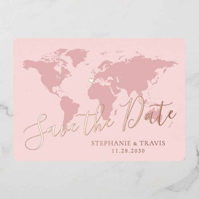 Carte du monde rose gold Save the Date (Recto)
