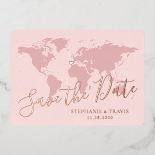 Carte du monde rose or rose Enregistrer la date