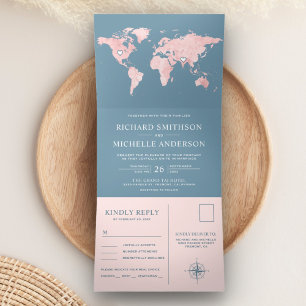 Carte du Monde Rose Pâle Bleu Poussiéreux Tout en