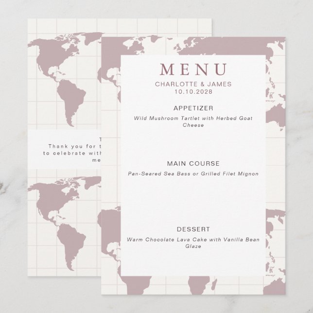 Carte du monde rose poussiéreuse pour mariage de d (Devant / Derrière)