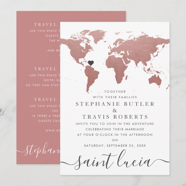 Carte du monde thème voyage mariage rose gold (Devant / Derrière)