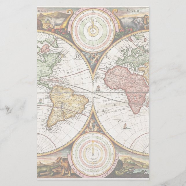 Carte du monde vintage Deux hémisphères Art antiqu (Devant)