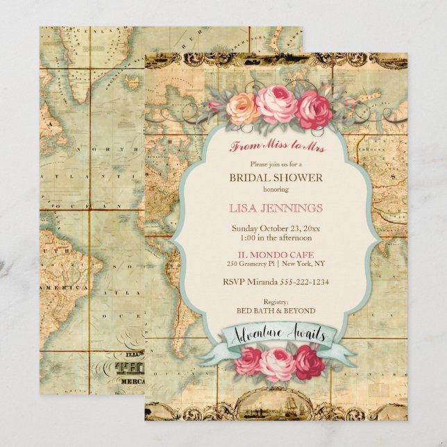 Carte du monde vintage Roses L'aventure Attend (Devant / Derrière)