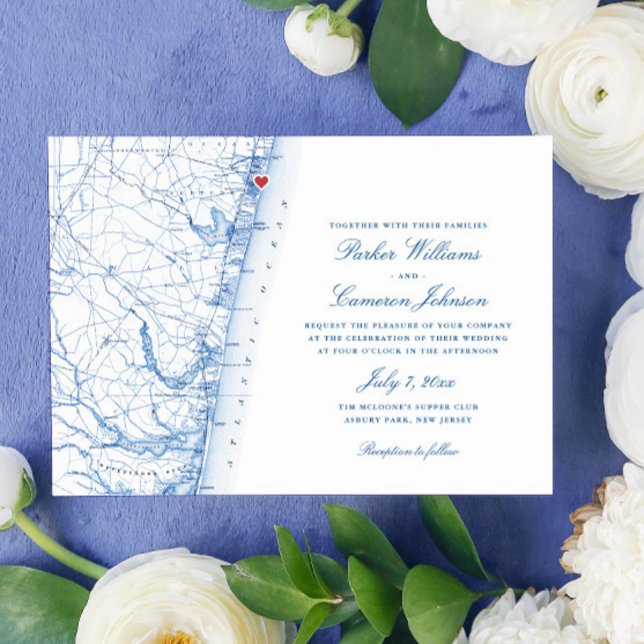 Carte du New Jersey d'Asbury Park Élégant Mariage  (This Asbury Park New Jersey wedding invitation is perfect for your elegant Jersey Shore wedding)