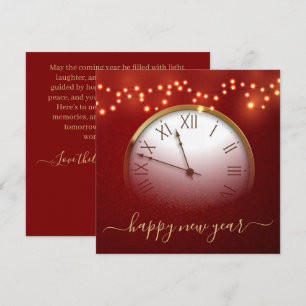 Carte du Nouvel An rouge et or avec horloge de min