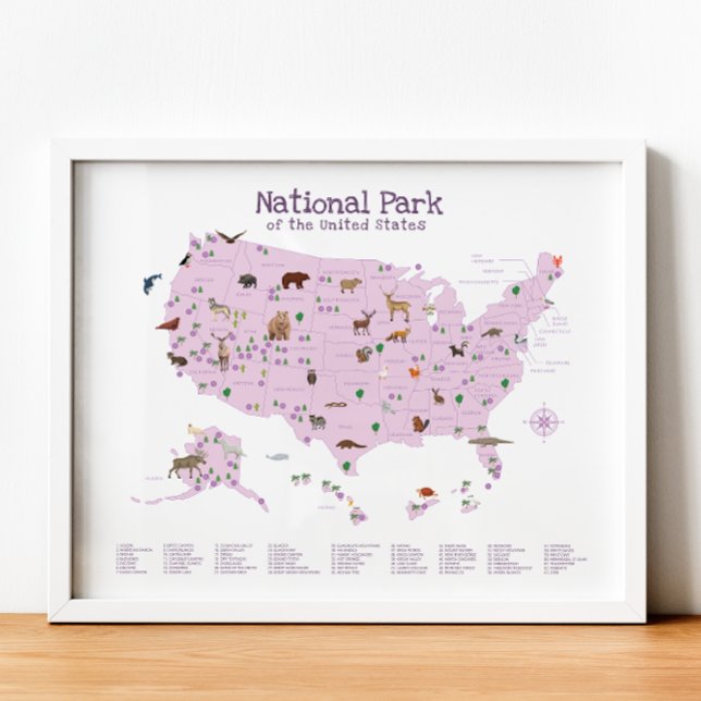 Carte du Parc National Violet Impression de Pépini (Purple National Park Map Woodland Nursery Print)