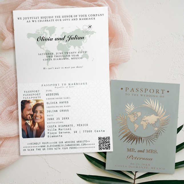 Carte du passeport Mariage de destination de la fe (passport wedding invitation card destination getaway tropical beach sage green leaf wreath monograms)